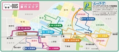 ムーバス運行エリア図：ムーバスの運行エリア：1号路線・吉祥寺東循環、2号路線・吉祥寺北西循環は、吉祥寺駅北口発着です。4号路線・三鷹駅北西循環、6号路線・三鷹・吉祥寺循環は、三鷹駅北口発着です。3号路線・境南東循環、境南西循環は、武蔵境駅南口発着です。5号路線・境・東小金井線、境西循環、7号路線・境・三鷹循環は、武蔵境駅北口発着です。