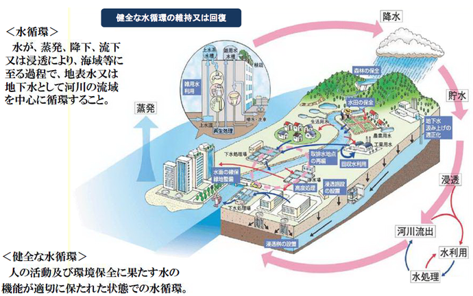 水が、蒸発、降下、流下又は浸透により、海域等に至る過程で、地表水または地下水として河川の流域を中心に循環すること。 健全な水循環 人の活動及び環境保全に果たす水の機能が適切に保たれた状態での水循環。