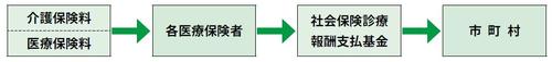 医療保険料に上乗せされた第2号被保険者の保険料が、市町村に分配される仕組みを示した図