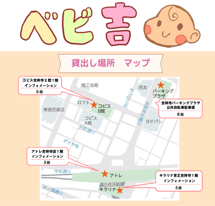 ベビ吉 貸出場所マップ キラリナ京王吉祥寺(吉祥寺駅公園口直結)で3台、コピス吉祥寺B館(吉祥寺駅北口サンロードを徒歩3分進み信号のある十字路を左に曲がった、ロフトの手前)で5台、アトレ吉祥寺店本館(吉祥寺駅直結)で3台、吉祥寺パーキングプラザ(吉祥寺北口吉祥寺大通りを徒歩4分進んだ西友の向い)で6台を貸し出しています。