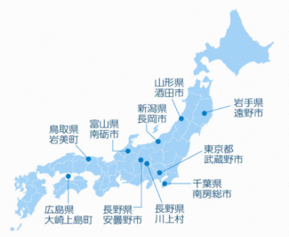 友好都市の地図 富山県南砺市 長野県安曇野市 長野県川上村 千葉県南房総市 岩手県遠野市 新潟県長岡市 広島県大崎上島町 山形県酒田市 鳥取県岩美町