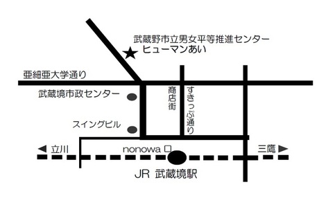 センター案内図：JR武蔵境駅nonowa口を出て北へまっすぐ進みます。亜細亜大通りを渡ると右側に市民会館があります。センターは市民会館1階です。