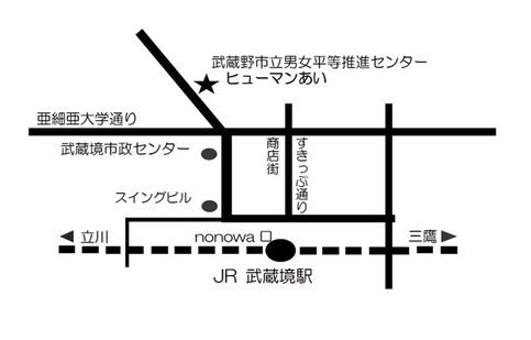 センター案内図：JR武蔵境駅nonowa口を出て北へまっすぐ進みます。亜細亜大通りを渡ると右側に市民会館があります。センターは市民会館1階です。