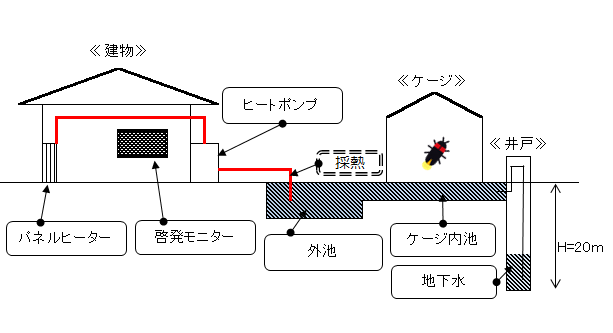 むさしの自然観察園地下水熱（温度差エネルギー）活用空調設備のしくみ図