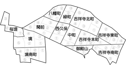 武蔵野市の各町名を記した地図