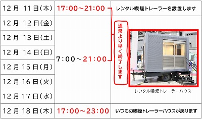 12月11日にレンタル喫煙トレーラーを設置します。 12月11日の利用時間は17時から21時です。 12月12日から17日の利用時間は7時から21時までです。 12月18日の利用時間は17時から23時までです。 12月19日以降は通常通り利用できます。