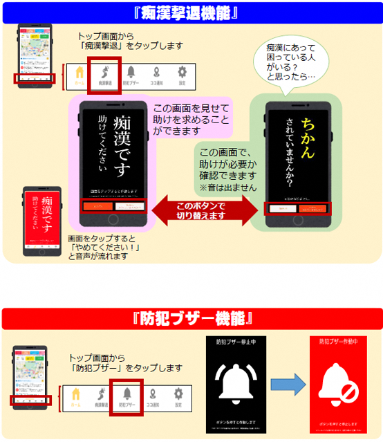 アプリの紹介。痴漢撃退機能について。トップ画面から「痴漢撃退」をタップします。「痴漢です助けてください」と書いてある画面を周囲の人に見せて助けを求めることができます。痴漢にあって困っている人がいる？と思ったら、画面下部にあるボタンで「ちかんされていませんか？」という画面を表示させ、相手に見せることで、助けが必要か確認できます。音は出ません。「痴漢です助けてください」画面で、画面のどこかをタップすると「やめてください！」と音声が流れます。防犯ブザー機能について。トップ画面から「防犯ブザー」をタップします。防犯ブザー停止中画面に変わるので、画面をタップしてブザーを鳴らします。