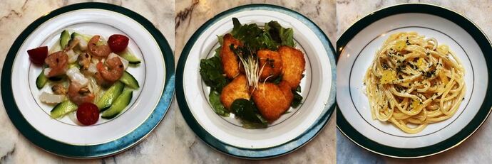 冷製シーフードミックスのセビーチェ・鶏の黄金焼きサラダ・レモンクリームスパゲティー