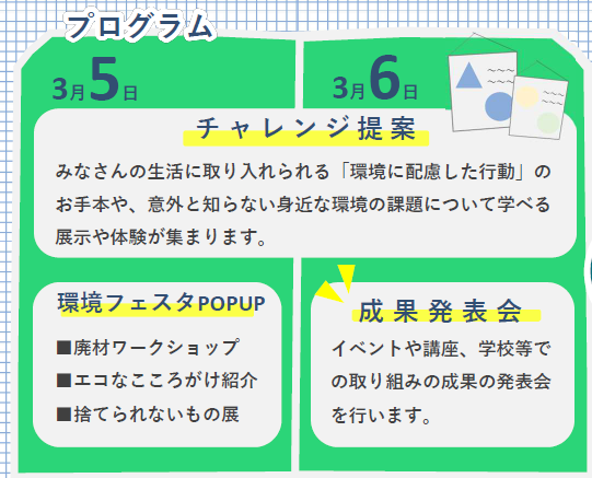 5日は環境フェスタPOPUPで、(1)廃材ワークショップ(2)エコなこころがけ紹介(3)捨てられないもの展などがあります。6日は環境全般の取り組みの成果の発表会を実施。そして両日通して、みなさんの生活に取り入れられる「環境に配慮した行動」のお手本や、意外と知らない身近な環境の課題について学べる展示や体験が集まります。