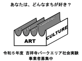 吉祥寺パークエリア社会実験ロゴ。あなたは、どんなまちが好き？令和5年度 吉祥寺パークエリア社会実験事業者募集中