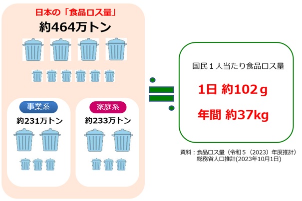国内の食品ロス量に関する農林水産省が作成した円グラフ。日本の食品ロス量の内訳は、事業系食品ロスが全体の49.8％、年間231万トン、家庭系食品ロスも全体の50.2％、233万トン。国民1人当たりの食品ロス量は、年間約37キログラムで、1日当たり約102グラム。おにぎり約1個分の重さである。