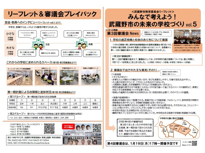 リーフレット1ページ目 みんなで考えよう!武蔵野市の未来の学校づくり vol.5 リーフレット&審議会プレイバック