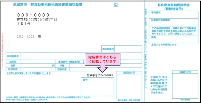 軽自動車税の宛名番号は、領収証書の備考上段に記載しています。