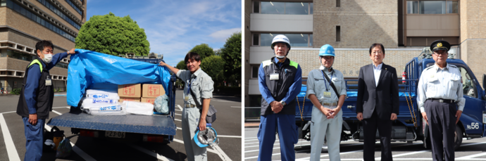 写真:出発式の様子。支援職員2名と小美濃武蔵野市長、松井武蔵野市消防団長