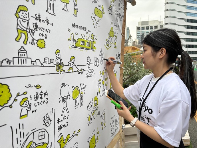 写真：会議や講演、イベント等の内容を手書きの図やイラストで記録する「グラフィックレコーディング」の様子