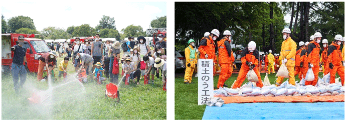 写真左：水防訓練の様子 写真右：積土のう工法の様子
